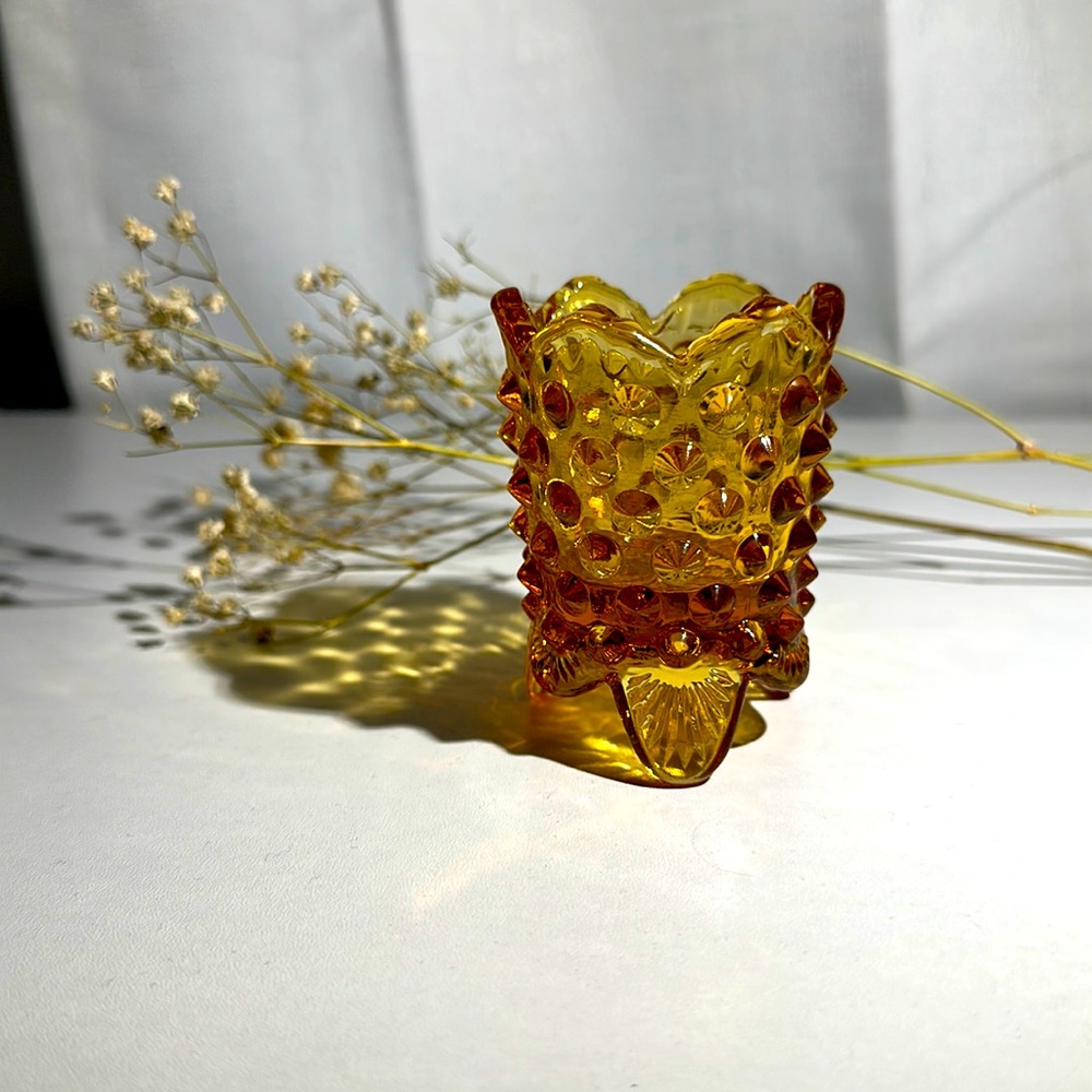 Vintage Fenton Hobnail Amber 3 Footed Toothpick Holder